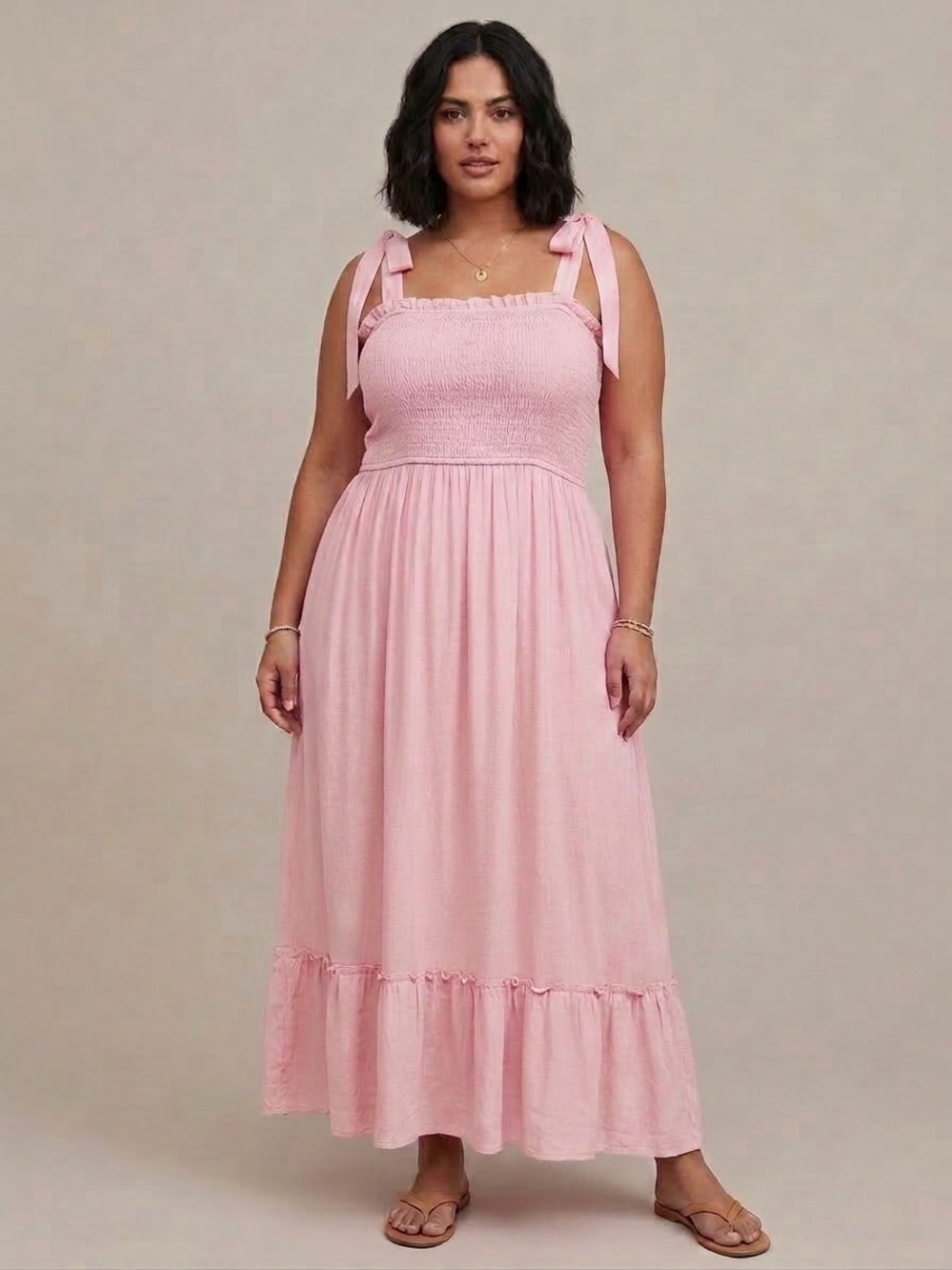 Soft Pink Tie-Shoulder Maxi Dress - Zesica XXL